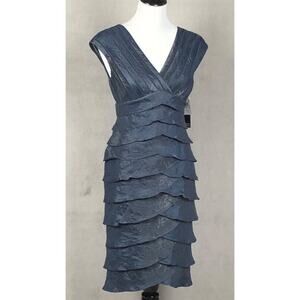 NWT ADRIANNA PAPELL Cocktail Dress Sz‎ 6 Blue Midi Layered Lined Iridescent NEW